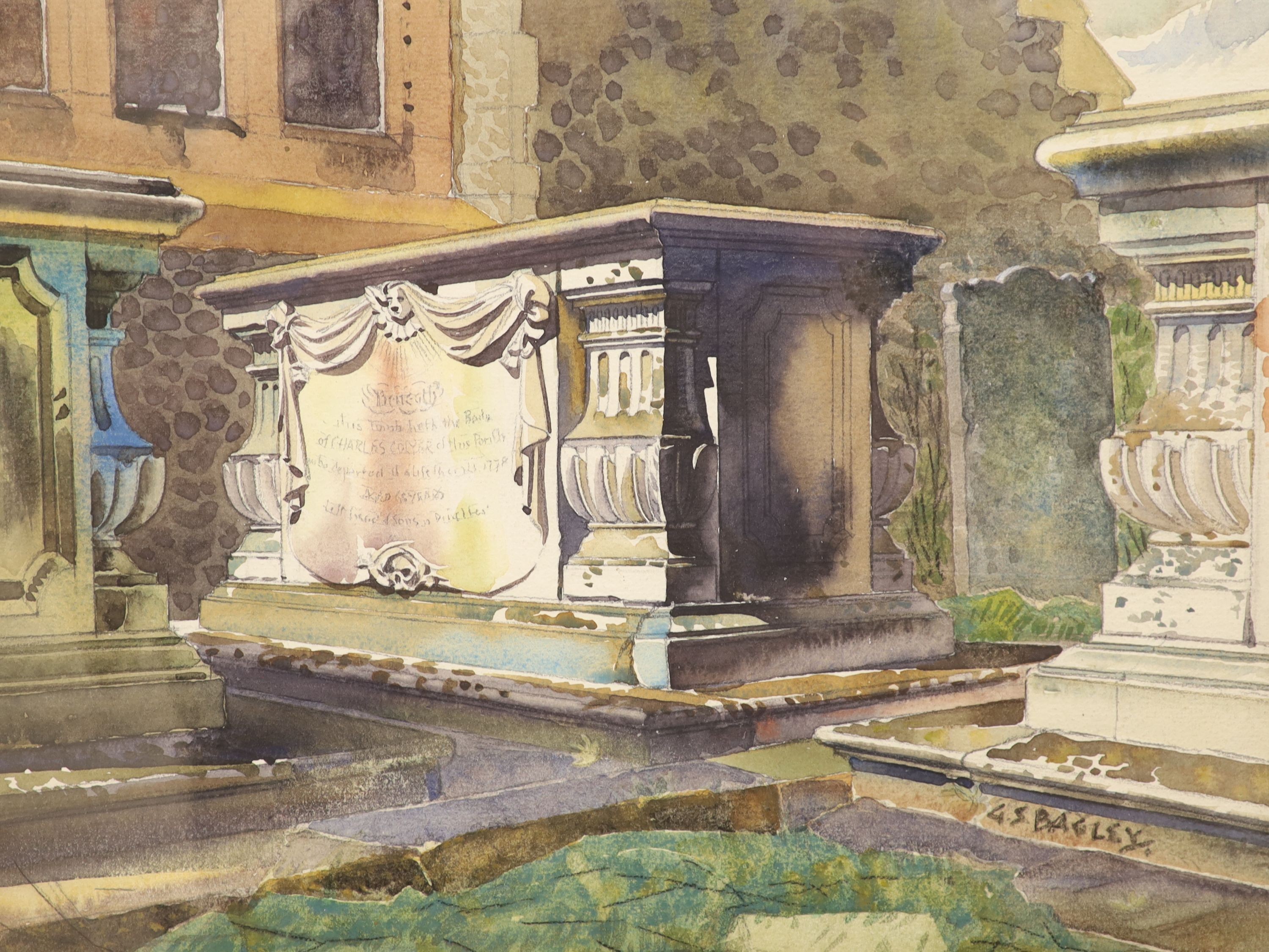 Geoffrey Bagley (1901-1992), three unframed watercolours, Farningham Church, Farningham Tombs, and Graves at Goudhurst in Kent, signed, approx. 25 x 33cm